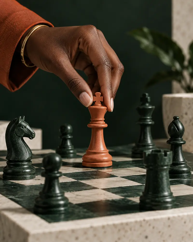 Hand moving a terracotta chess piece on a dark green chessboard.